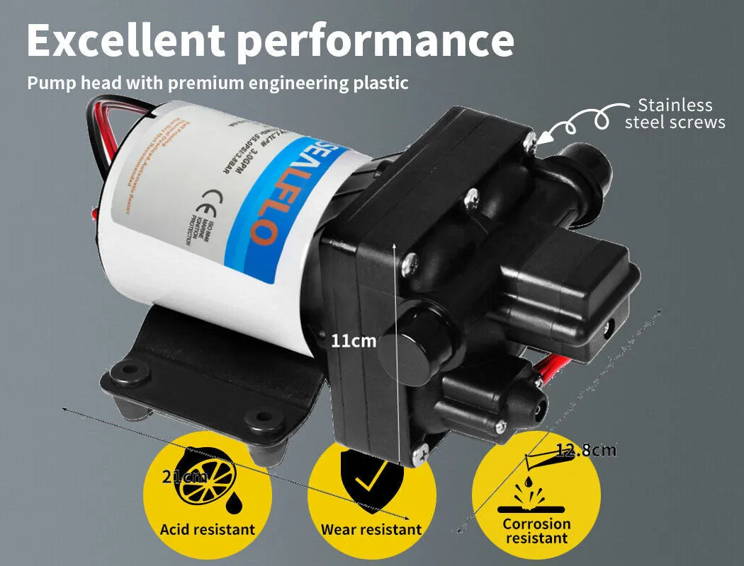 12V Caravan Water Pump | High Pressure Self-Priming | RV | Camping | Boat | 55PSI 11.3L/M
