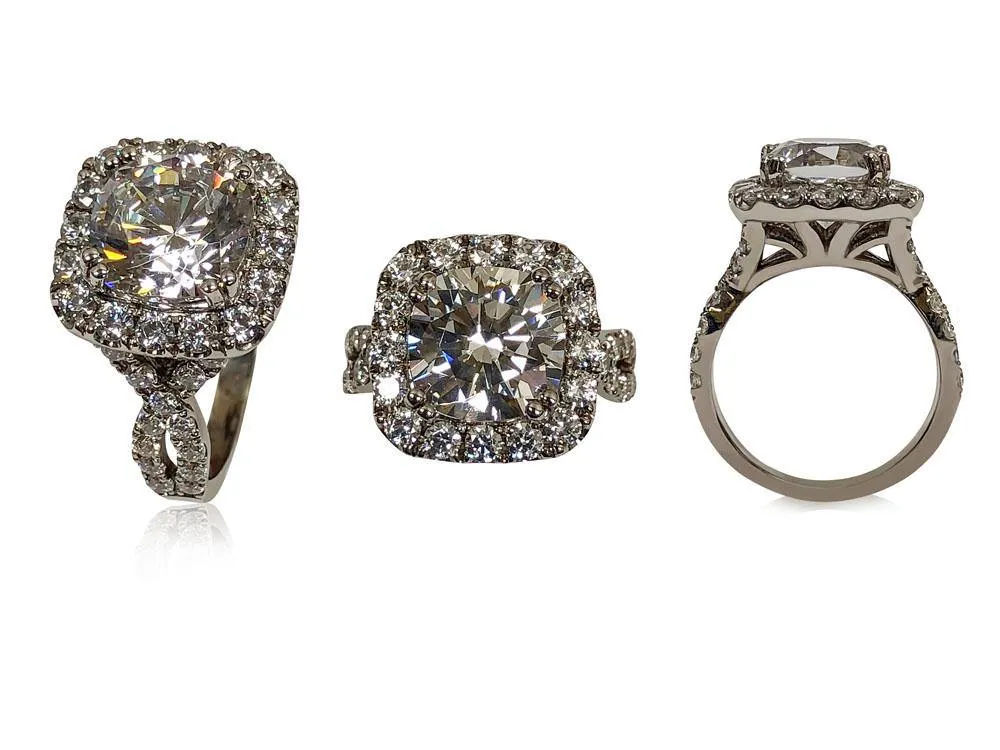 4 Carat Cushion cut cubic zirconia in Cushion Style Halo 14K white gold Engagement ring