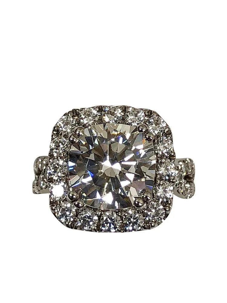 4 Carat Cushion cut cubic zirconia in Cushion Style Halo 14K white gold Engagement ring