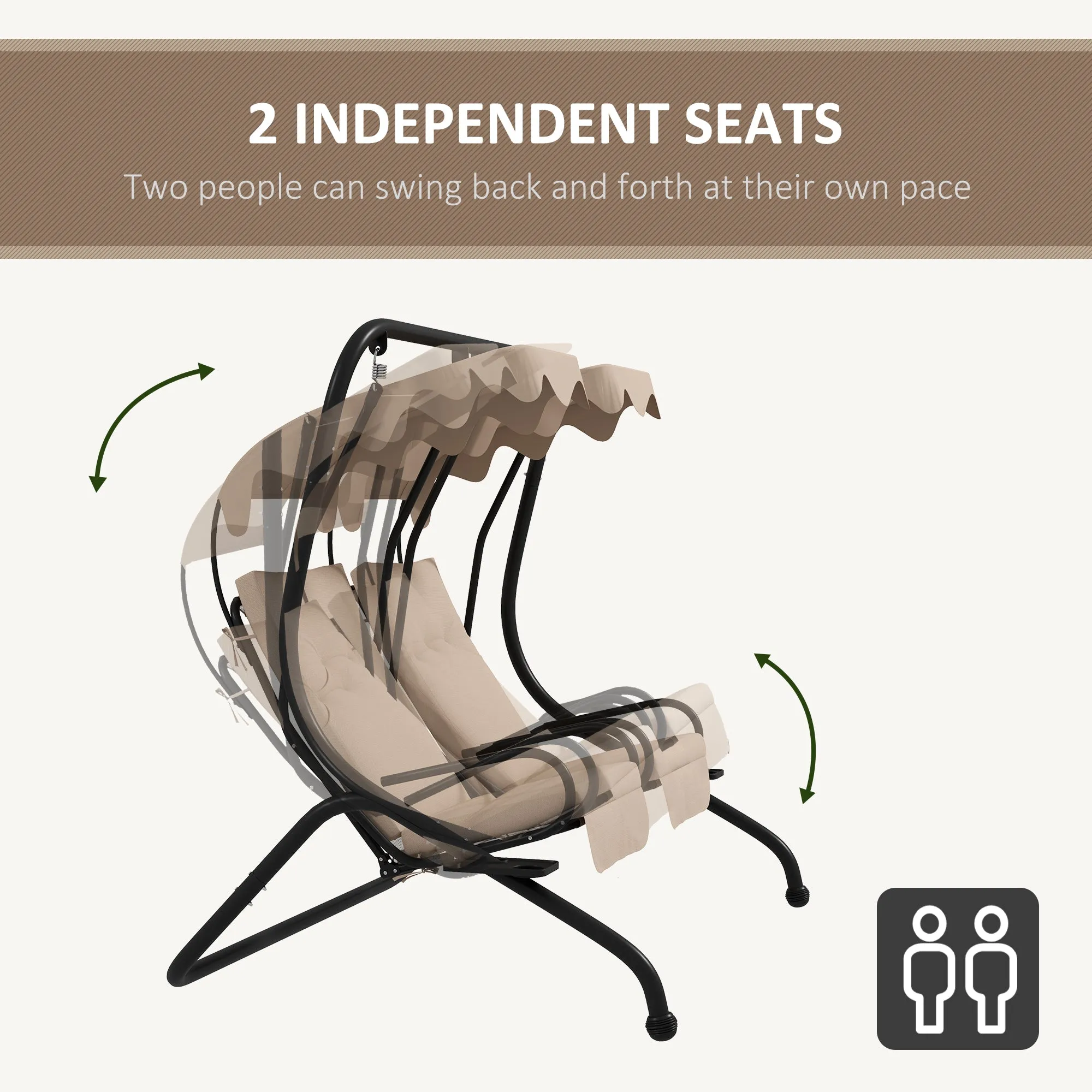 Canopy Swing Chair Modern Garden Swing Seat Outdoor Relax Chairs w/ 2 Separate Chairs, Cushions and Removable Shade Canopy, Beige