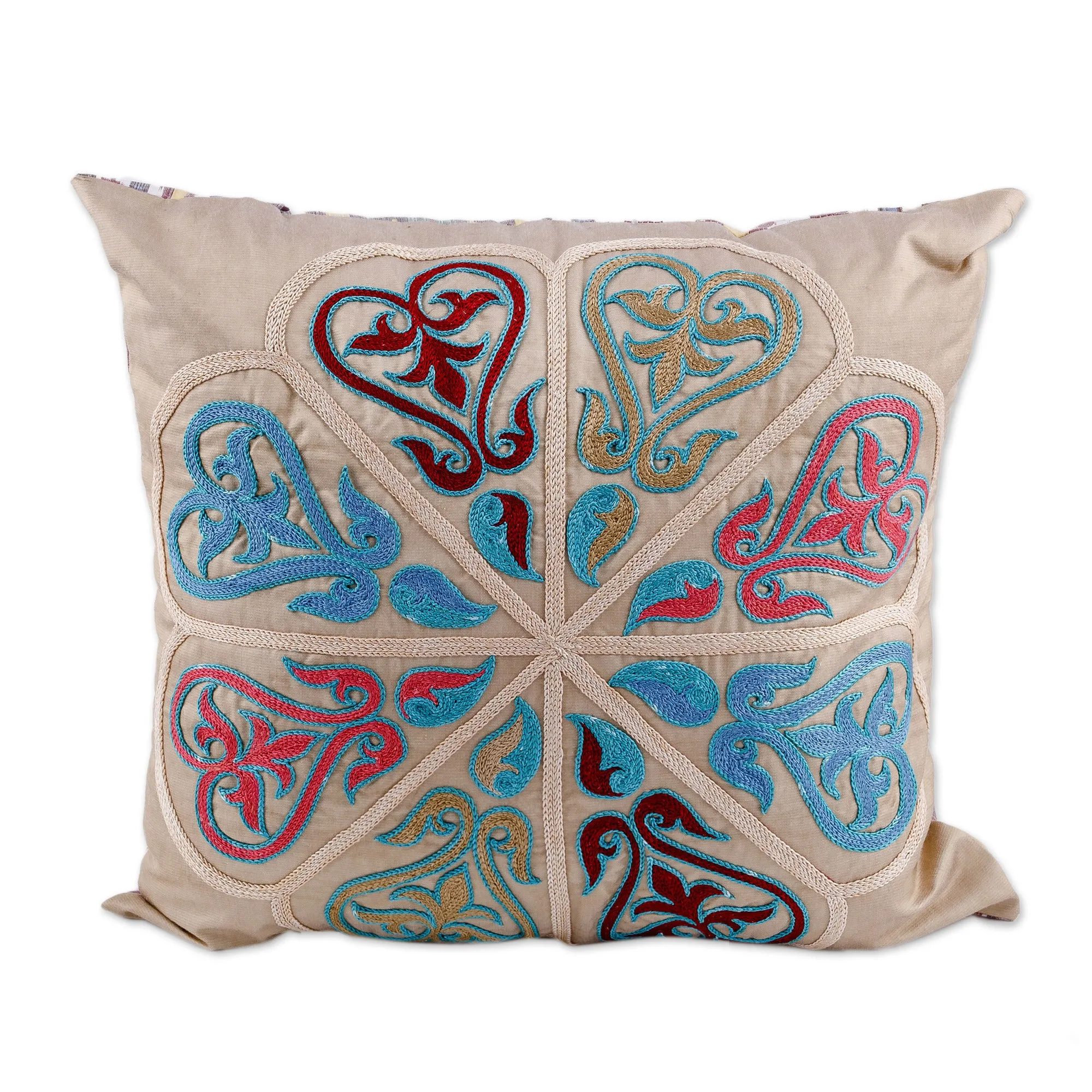 Classic Embroidered Silk Blend Cushion Cover in Bright Hues - Enchanting Union | NOVICA