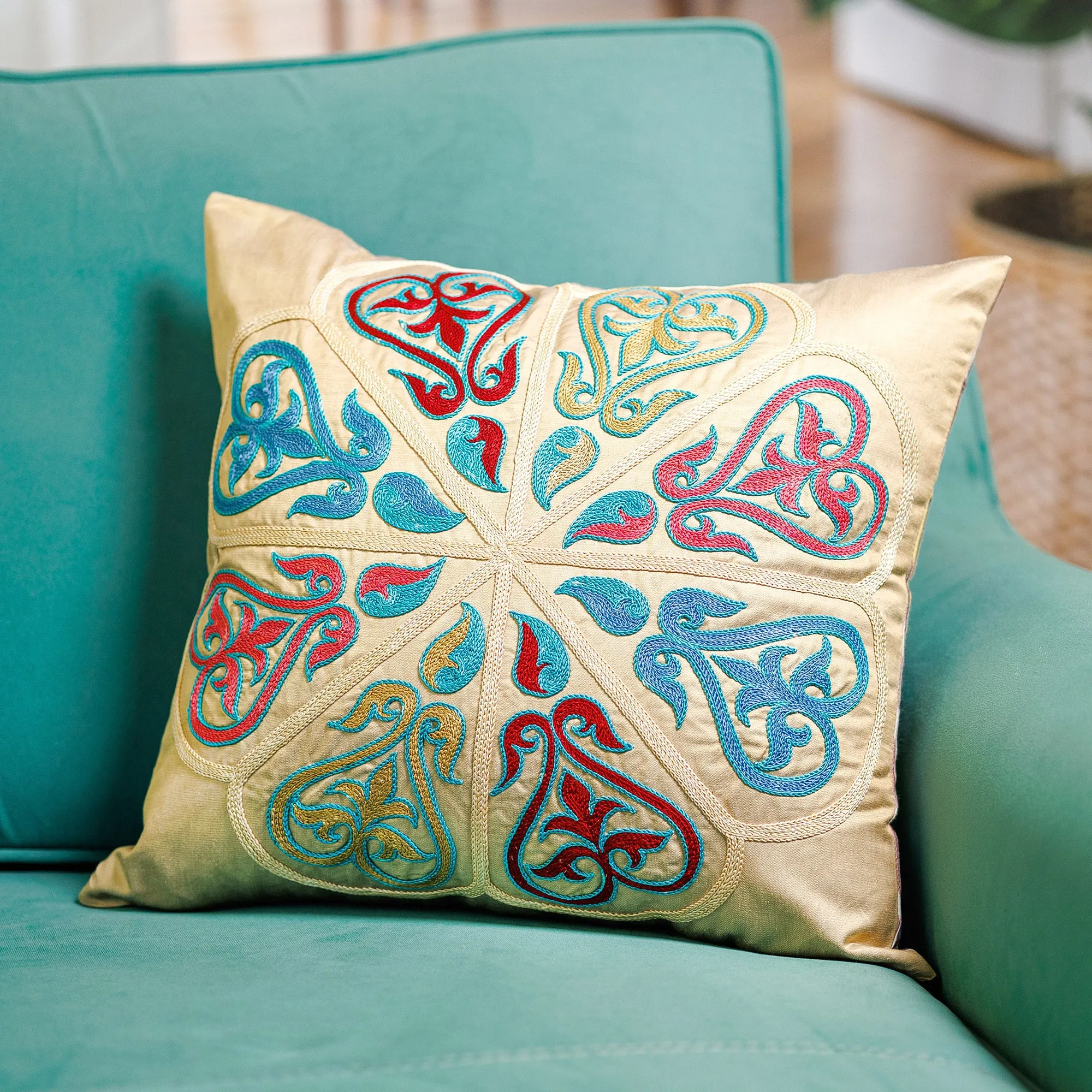 Classic Embroidered Silk Blend Cushion Cover in Bright Hues - Enchanting Union | NOVICA