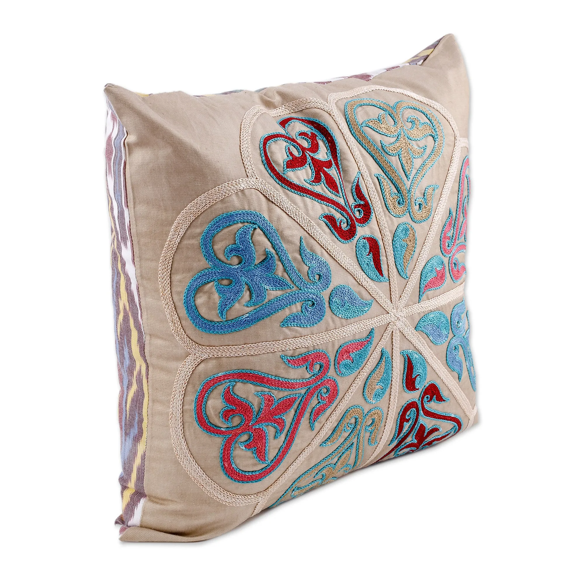 Classic Embroidered Silk Blend Cushion Cover in Bright Hues - Enchanting Union | NOVICA