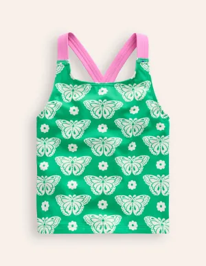 Cross Back Tankini Top-Pea Green Butterfly Stamp