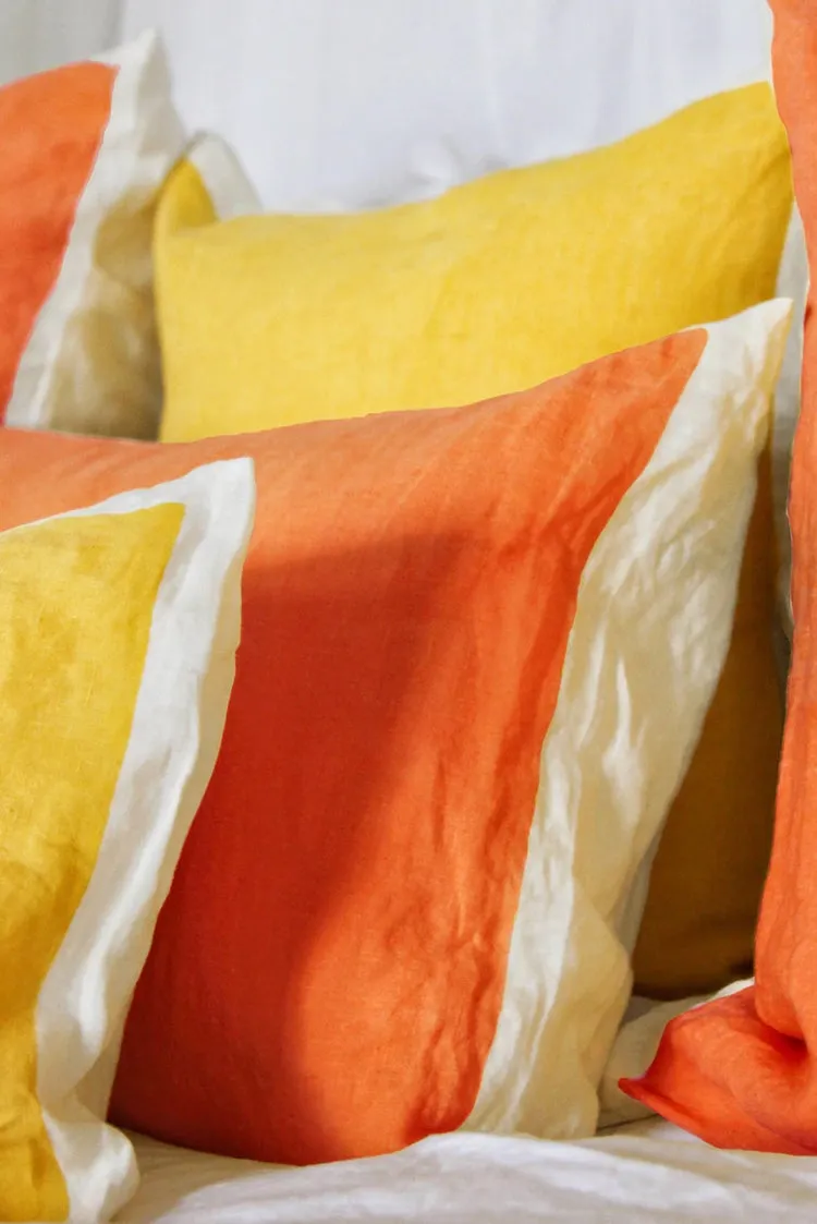 Hand Painted Linen Cushion in Mustard Yellow, 60cm x 40cm