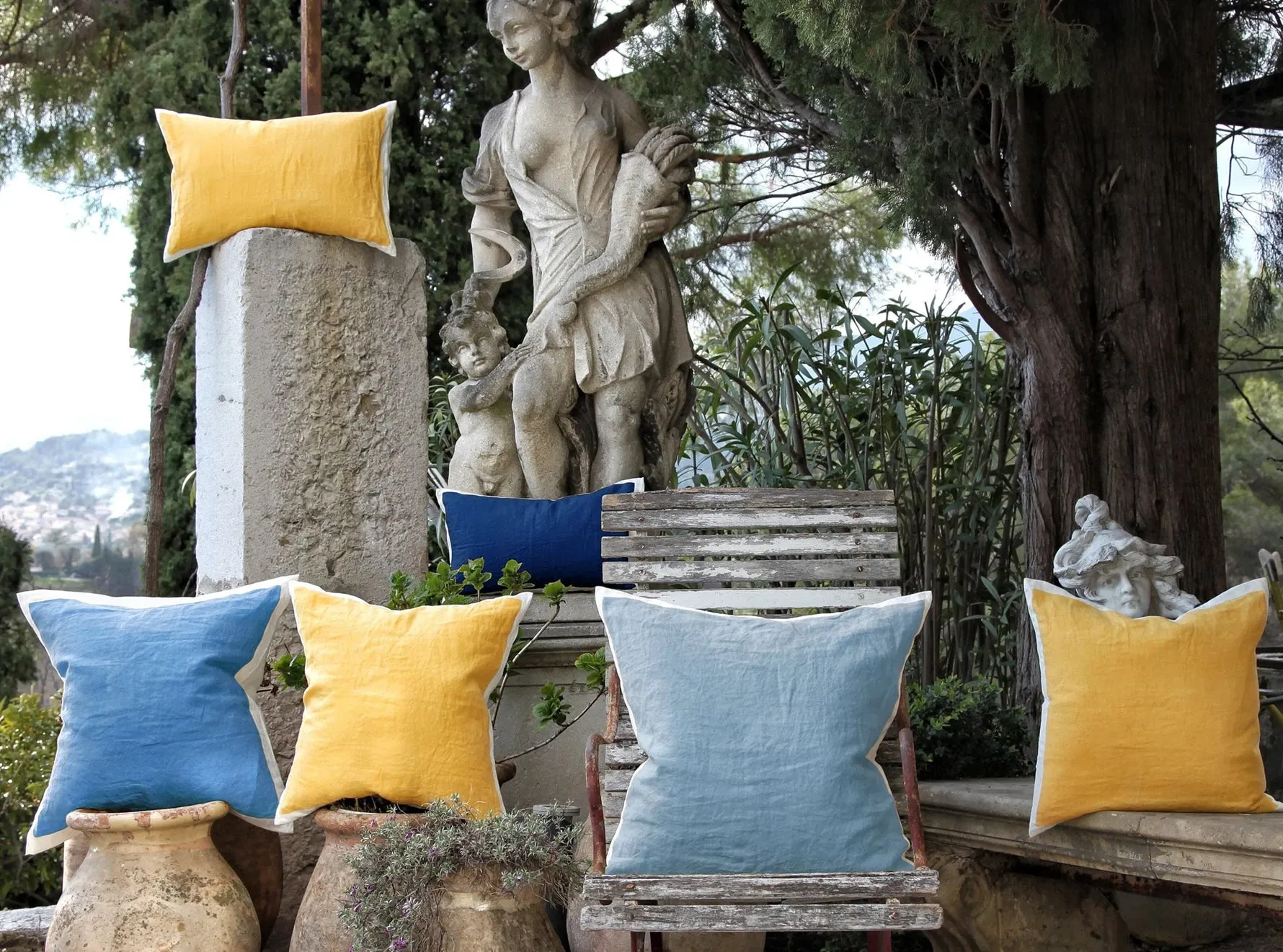Hand Painted Linen Cushion in Mustard Yellow, 60cm x 40cm