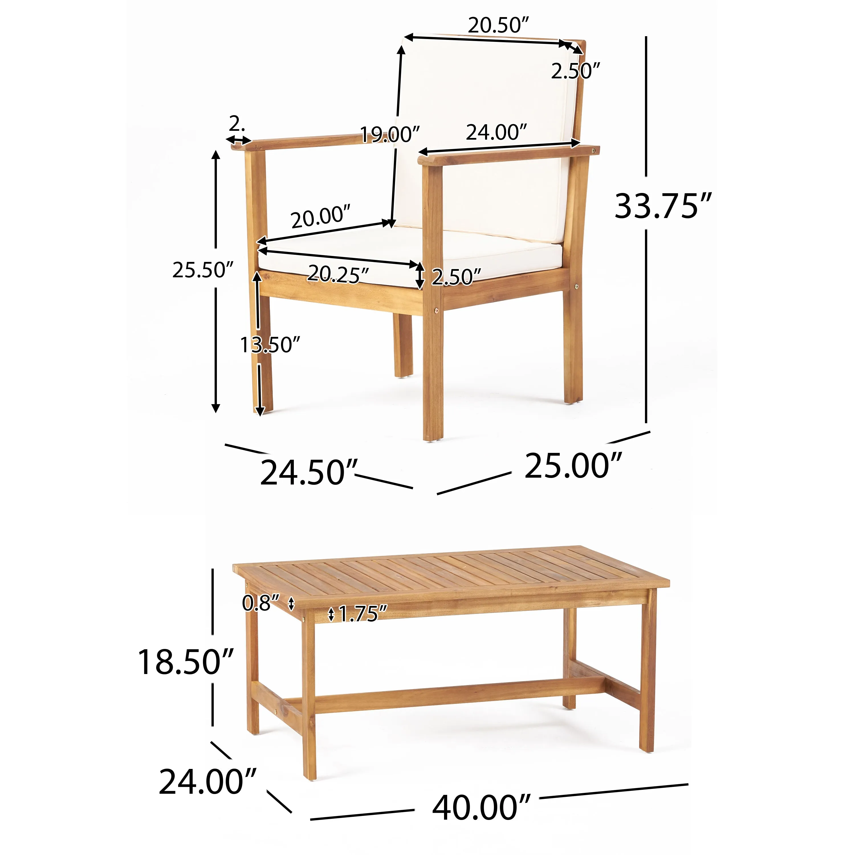 Harvey Outdoor Acacia Wood Club Chair and Coffee Table Set with Cushions