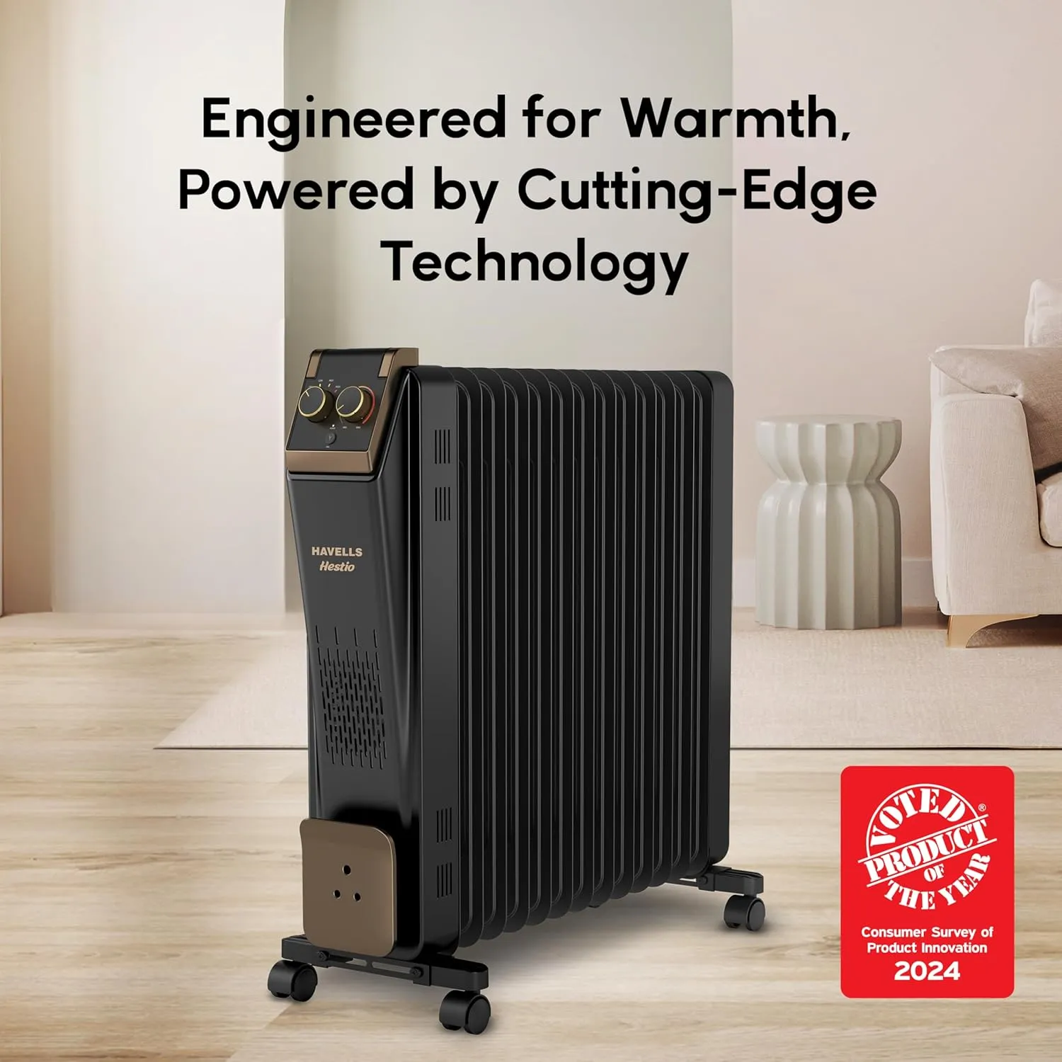 Havells 13 Fin Hestio Straight Fin OFR | 2900 Watt, Thermostatic heat control with 3 power settings & PTC fan control | Superior grade oil for long-lasting heat | (Black)