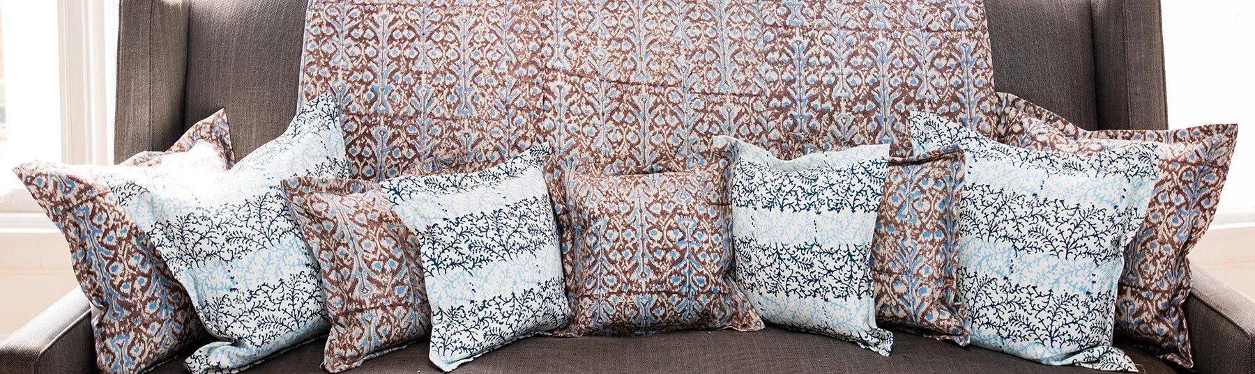 Ikat Turquoise and Chocolate Print on Natural Linen Cushions