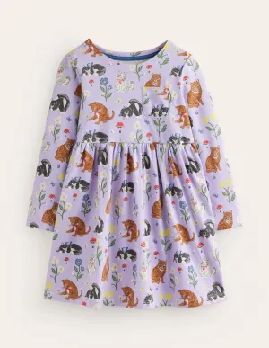 Long Sleeve Fun Jersey Dress-Light Purple Cats