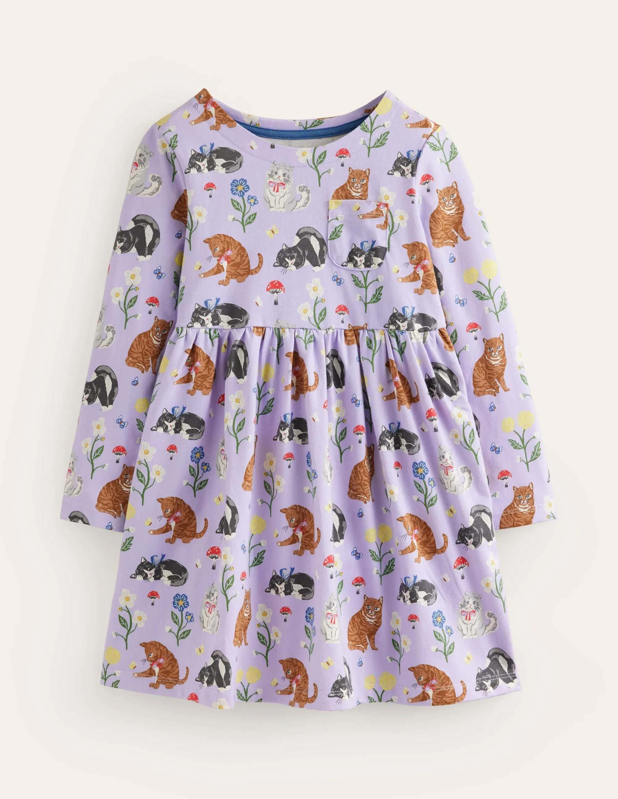 Long Sleeve Fun Jersey Dress-Light Purple Cats