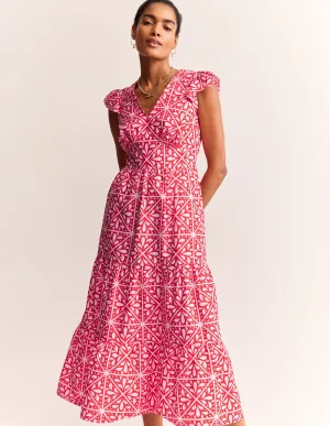 May Cotton Midi Tea Dress-Flame Scarlet, Floral Mosaic