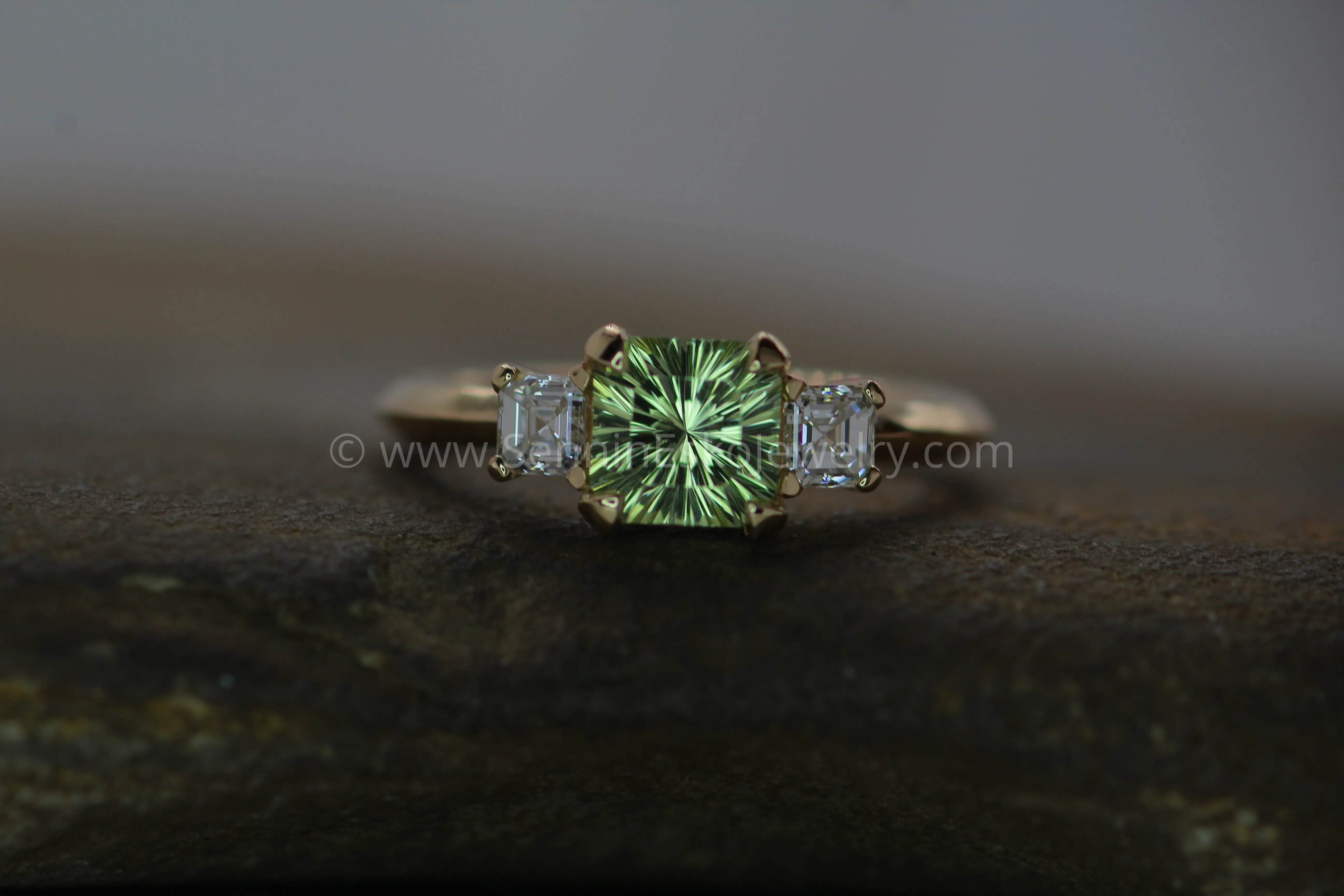Mediumweight 3x Gem Prong Setting with Diamond Asscher Accents - 0.8 Carat Mint Garnet Depicted(Setting Only, Center Stone Sold Separately)