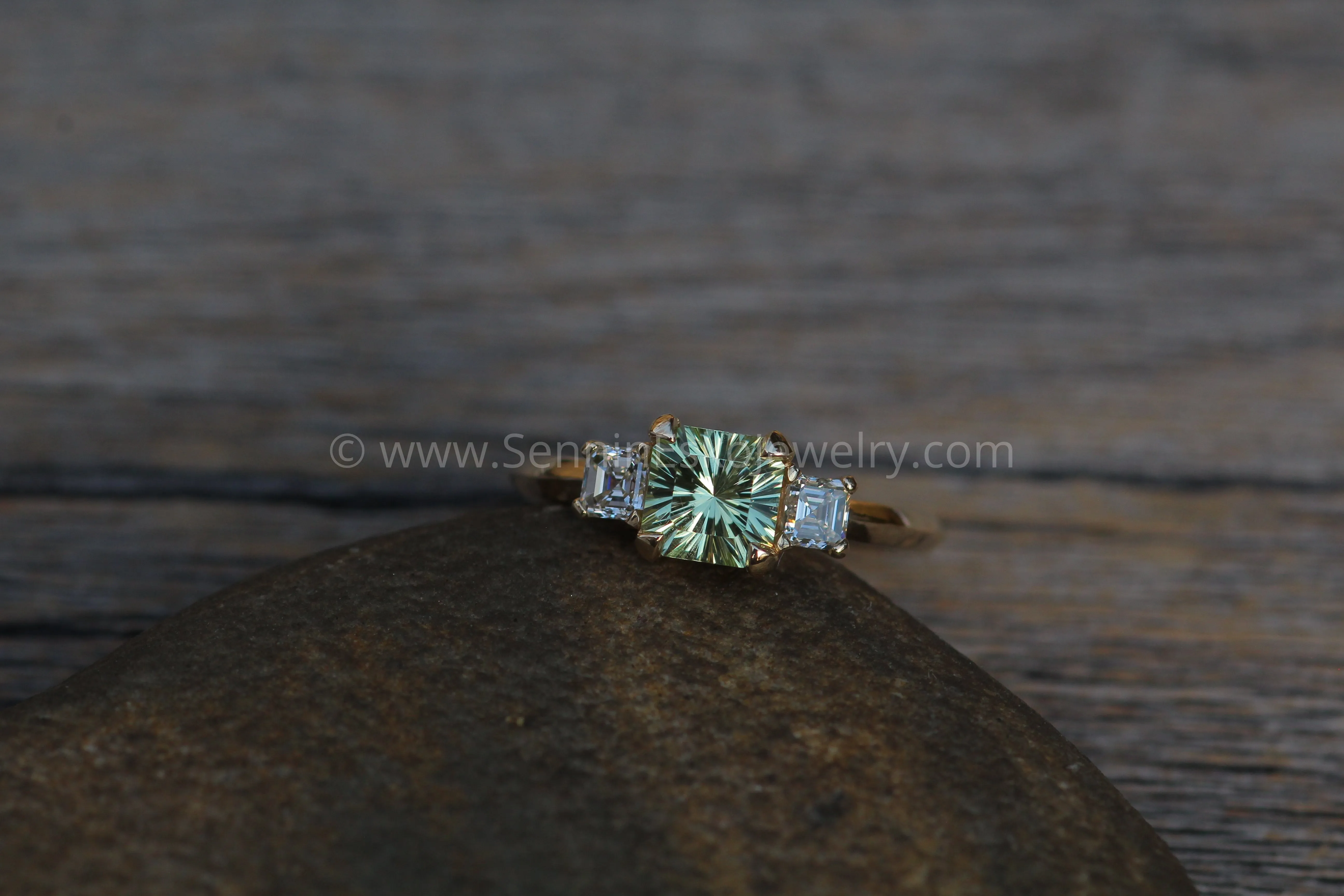 Mediumweight 3x Gem Prong Setting with Diamond Asscher Accents - 0.8 Carat Mint Garnet Depicted(Setting Only, Center Stone Sold Separately)