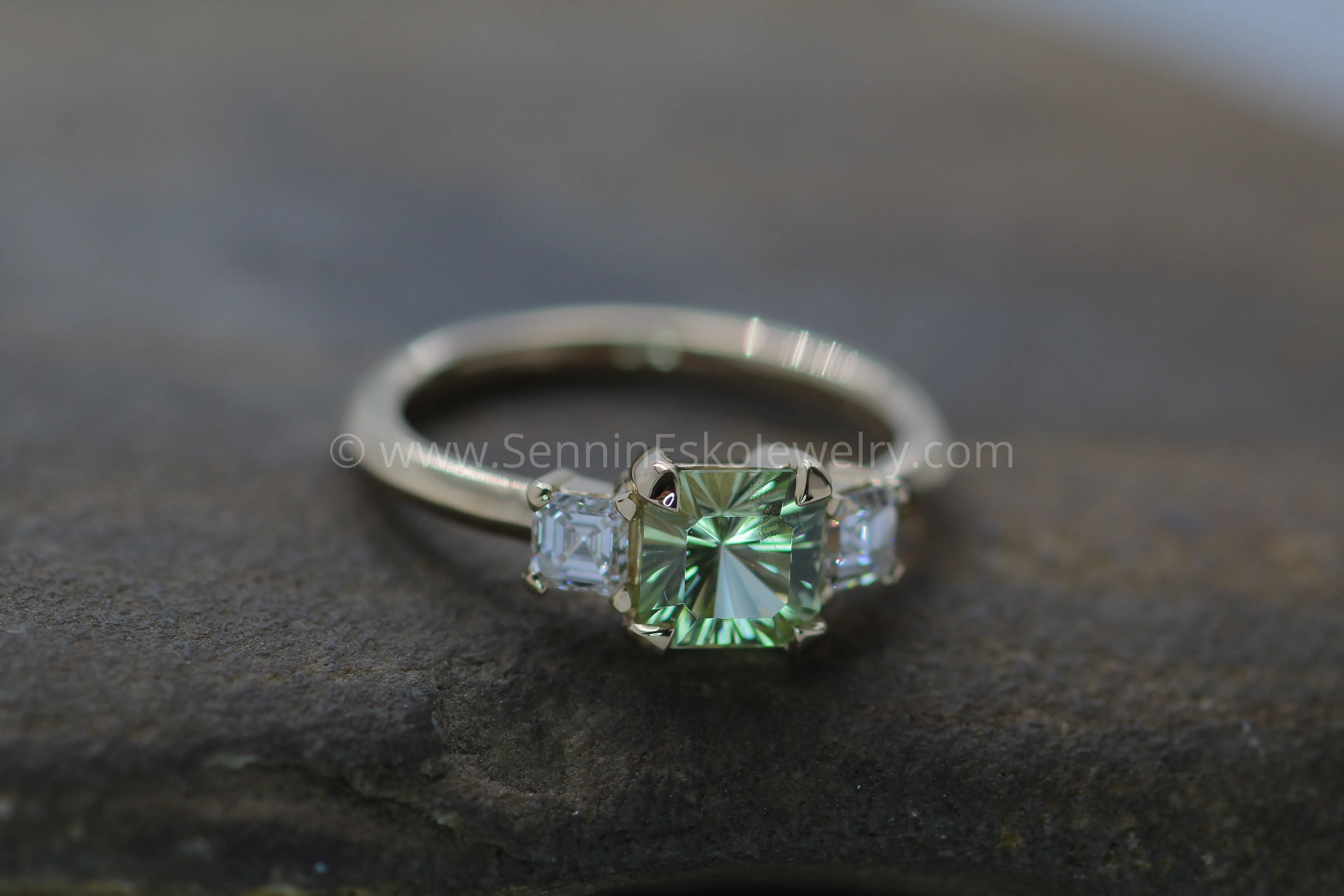 Mediumweight 3x Gem Prong Setting with Diamond Asscher Accents - 0.8 Carat Mint Garnet Depicted(Setting Only, Center Stone Sold Separately)