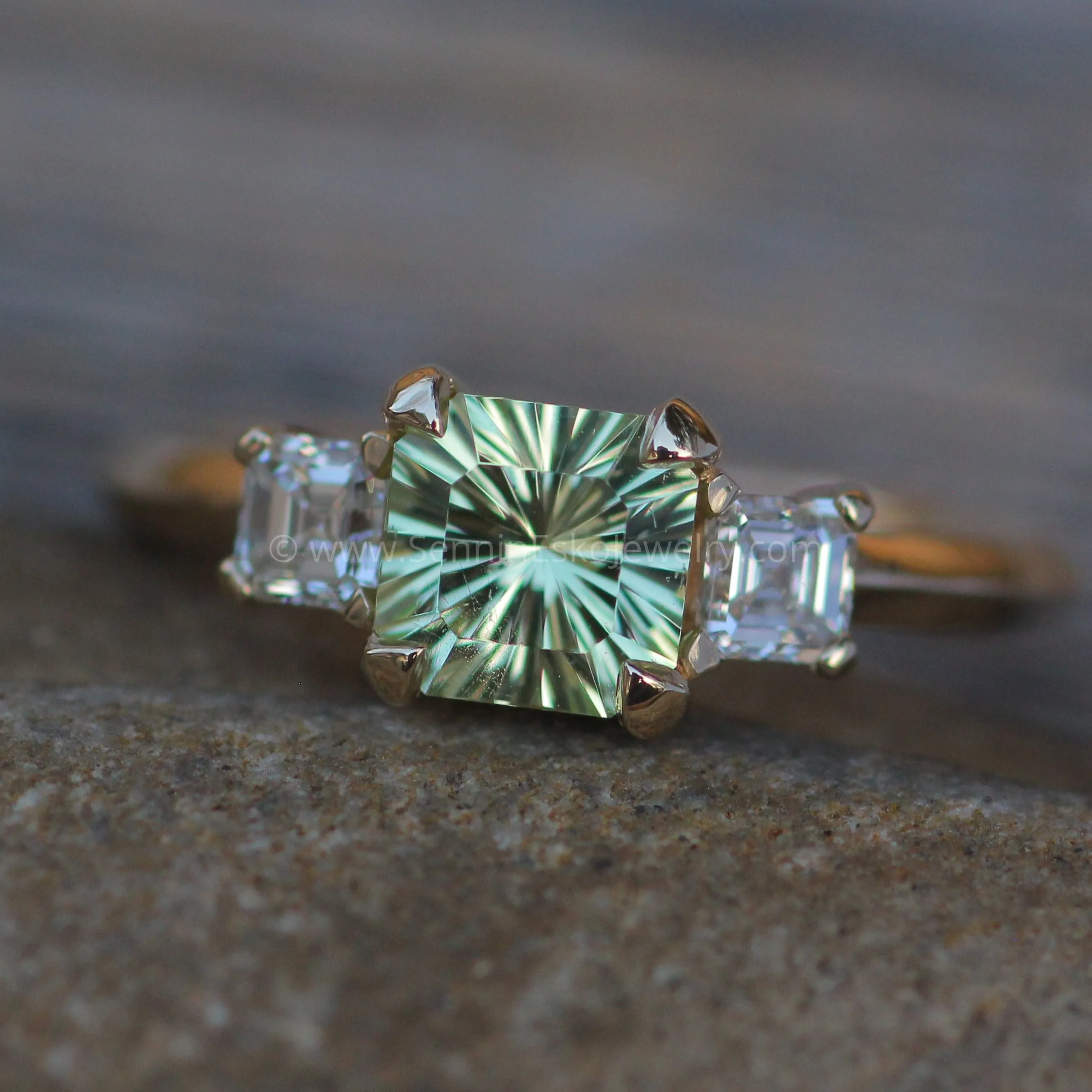 Mediumweight 3x Gem Prong Setting with Diamond Asscher Accents - 0.8 Carat Mint Garnet Depicted(Setting Only, Center Stone Sold Separately)