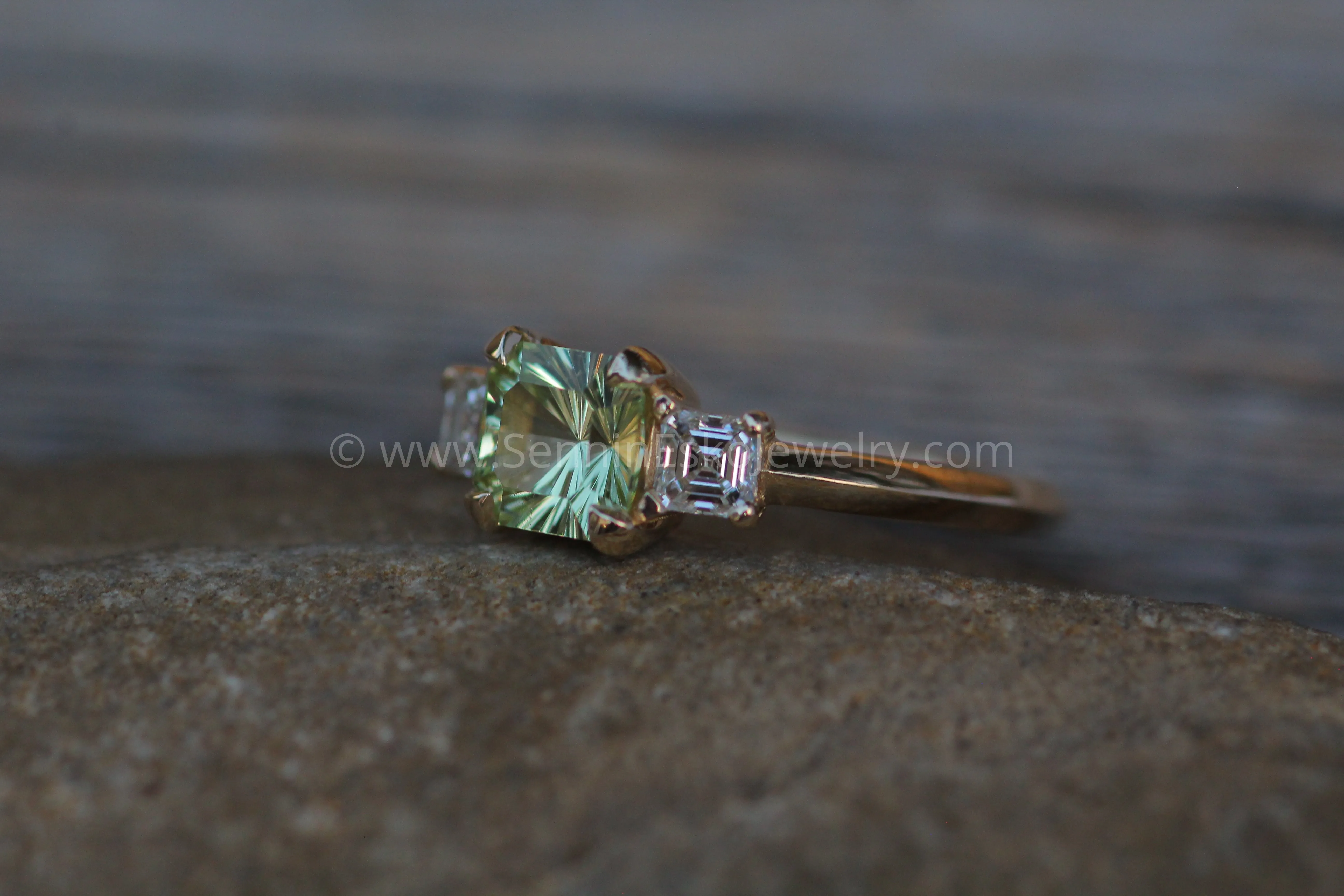 Mediumweight 3x Gem Prong Setting with Diamond Asscher Accents - 0.8 Carat Mint Garnet Depicted(Setting Only, Center Stone Sold Separately)