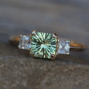 Mediumweight 3x Gem Prong Setting with Diamond Asscher Accents - 0.8 Carat Mint Garnet Depicted(Setting Only, Center Stone Sold Separately)