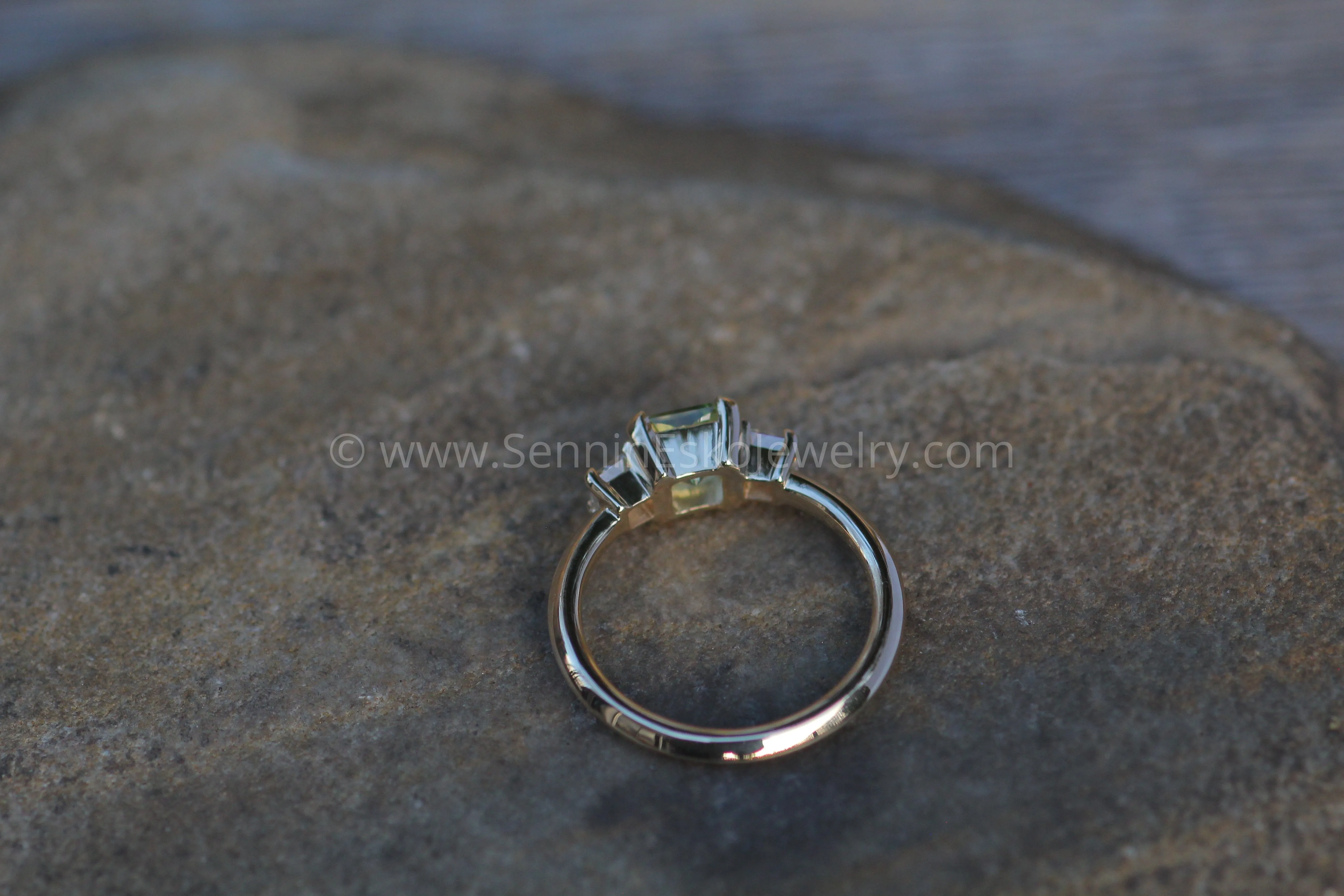 Mediumweight 3x Gem Prong Setting with Diamond Asscher Accents - 0.8 Carat Mint Garnet Depicted(Setting Only, Center Stone Sold Separately)