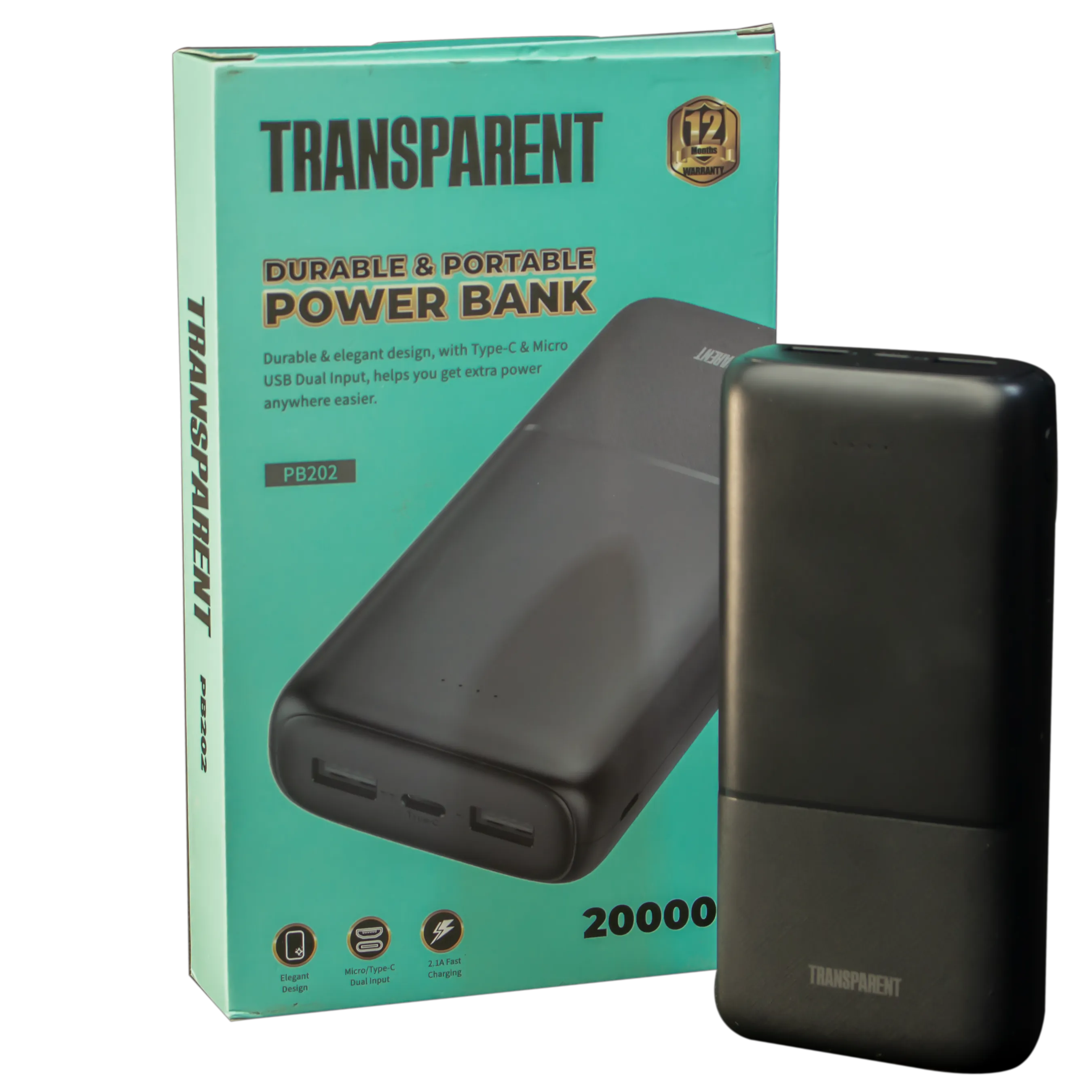 TRANSPARENT 20000mAh Power Bank (PB202) Super Fast Charge with Long Lasting Battery