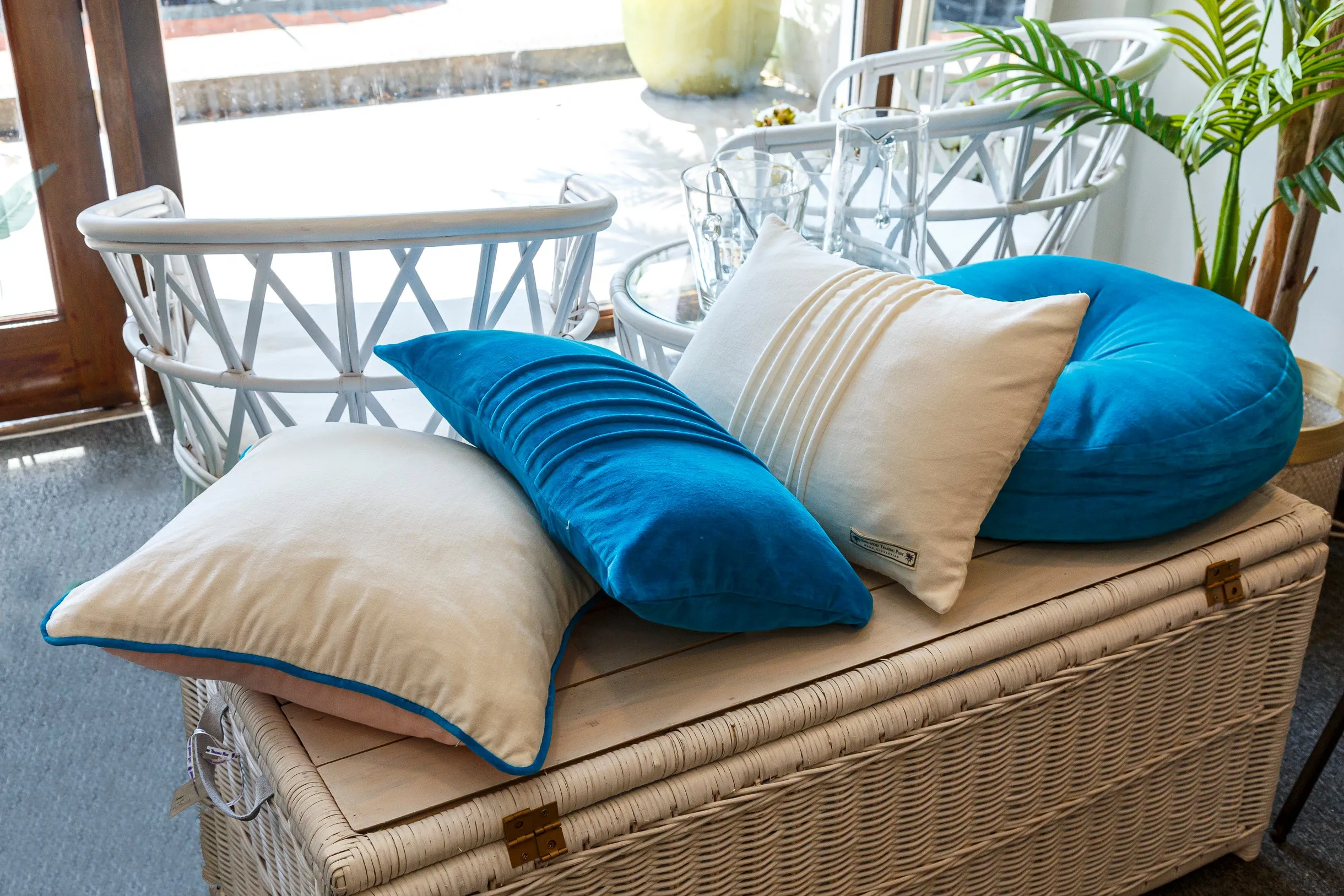 Velvet blue cushion with pin tuck detail